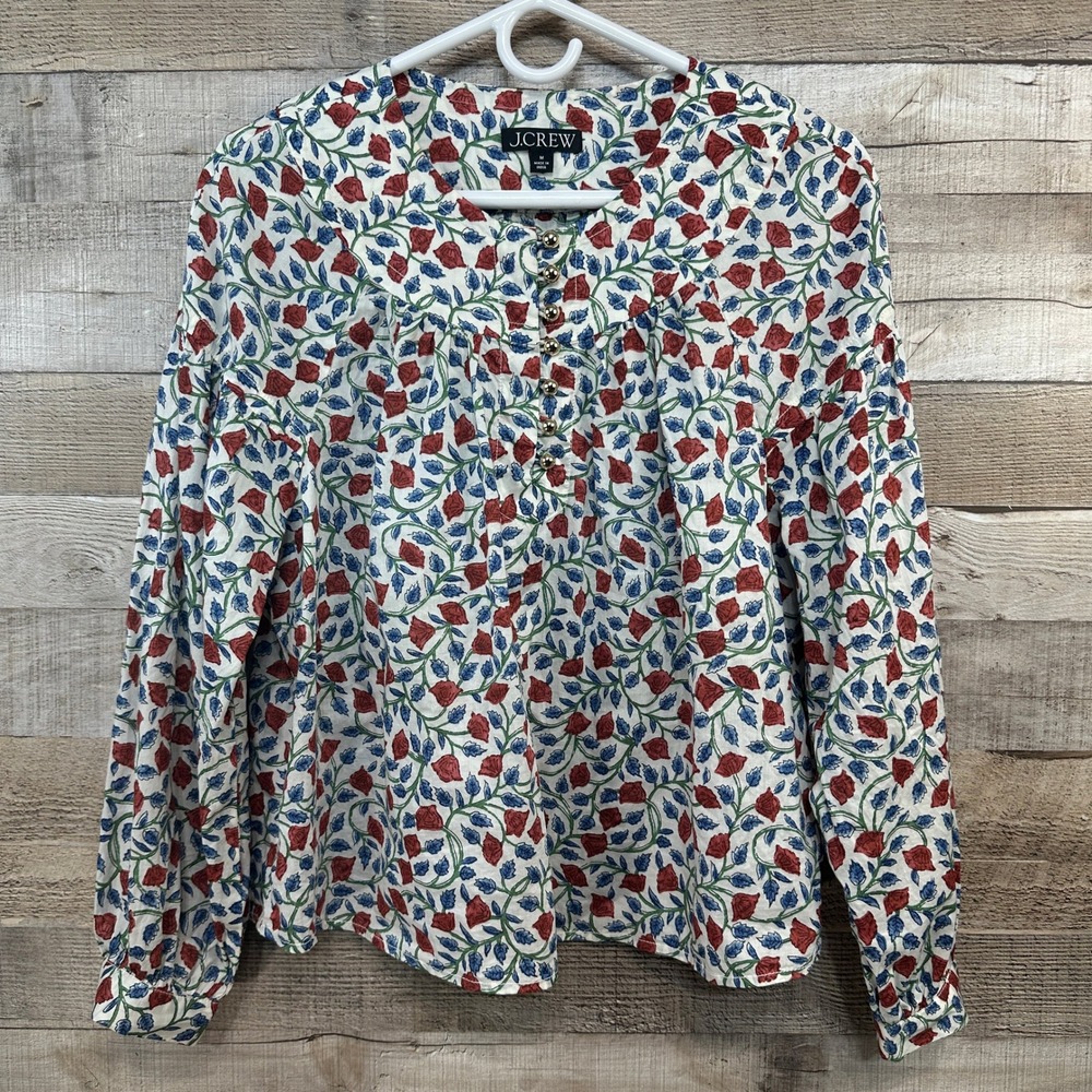 J.Crew Womens Rosewood Floral Popover Top‎ Red Blue White Gold Buttons Size M